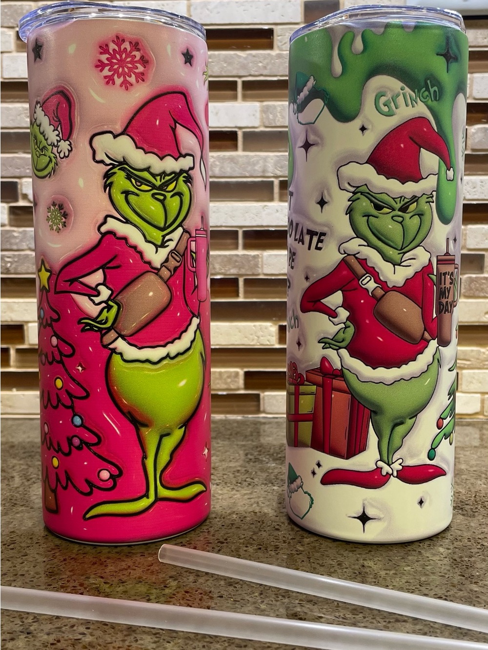 Grinch Holiday Stainless Steel Tumbler - Pink & Green Set of 2